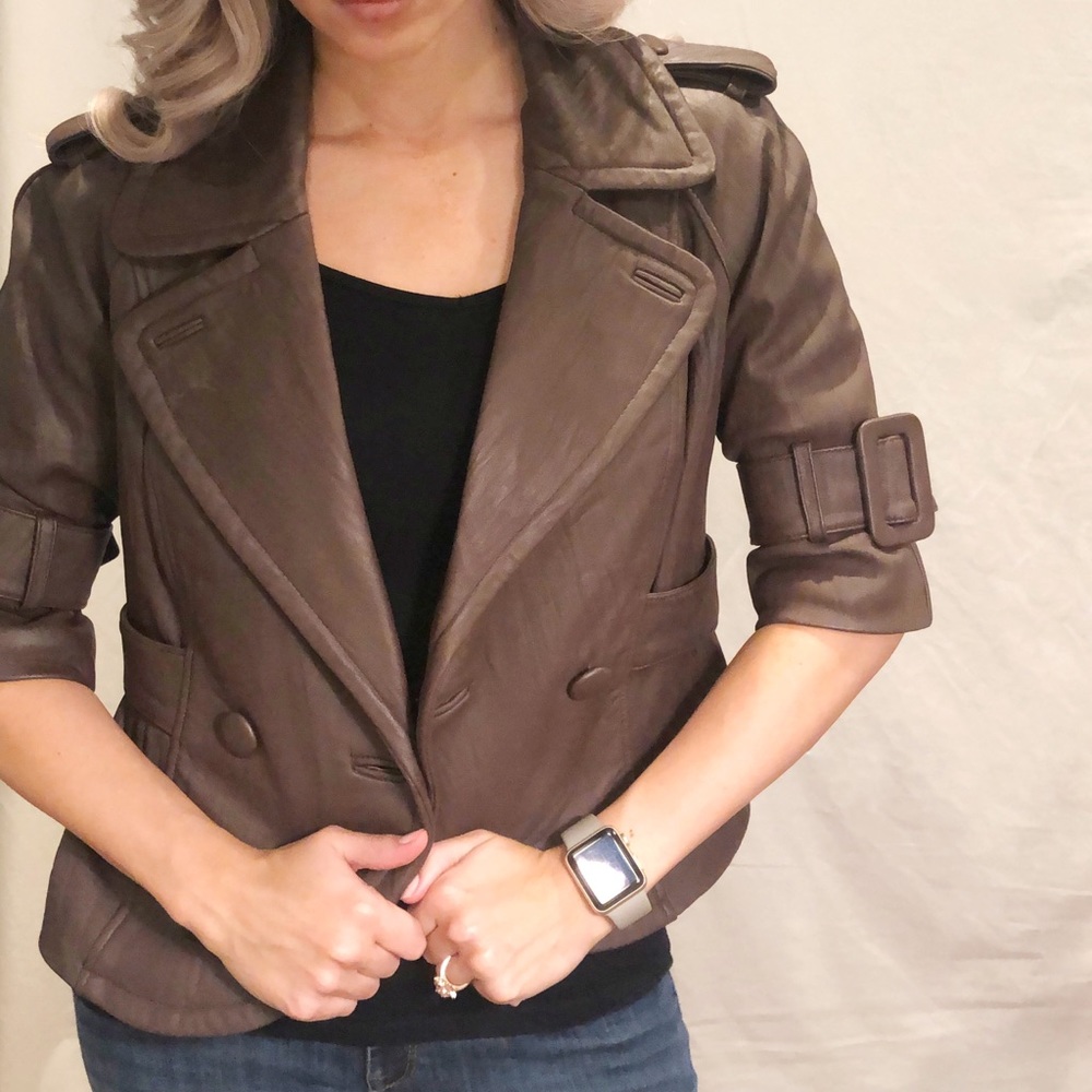 100% Brown Leather 3/4 Sleeve Jacket with Buckles